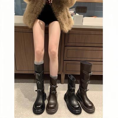 Коровья кожа~ Мама Виноград та же пряжка ремня рыцарские сапоги женские кожаные круглый носок толстая подошва универсальные сапоги средняя голень ботинки Мартин