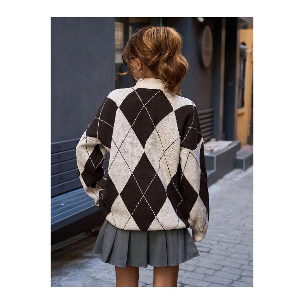 Women's Diamond Patterned Black High Collar Knitwear Sweater