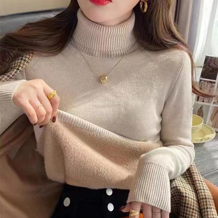 Женский свитер с высоким воротом, утолщенный внутренний слой, цельный бархатный пуловер с добавлением бархата, повседневный вязаный свитер сверху на осень и зиму
