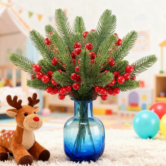 Рождественские сосновые ветки с красными ягодами Искусственные стебли зелени для дерева Цветочные композиции Домашний офис Праздничное украшение для центра стола