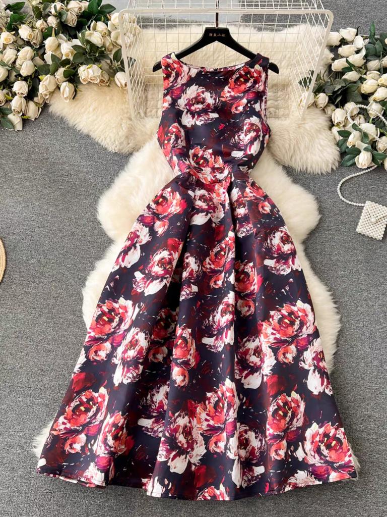 Женское платье-майка с цветочным принтом, элегантное модное летнее платье трапециевидной формы с круглым вырезом без рукавов и высокой талией, вечернее платье-майка для взлетно-посадочной полосы