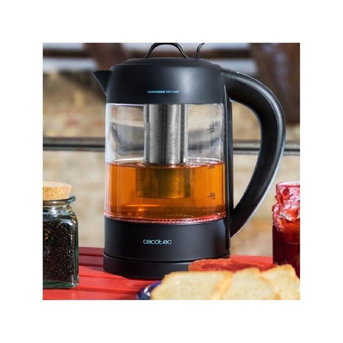 Cecotec Bouilloire Électrique ThermoSense 390 Clear. 1.7 L, Verre Borosilicate, Sans BPA, Base 360, Filtre Anticalcaire, Sélecteur