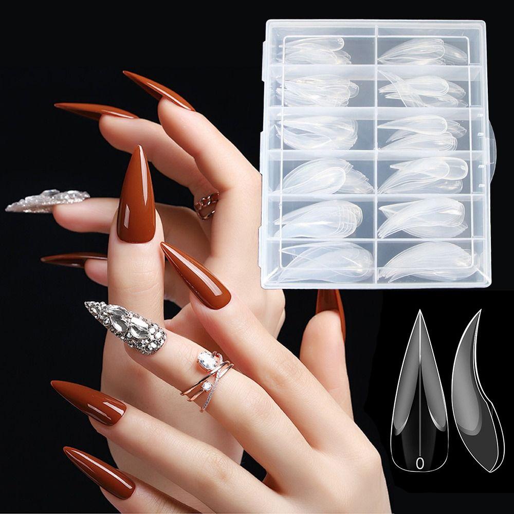120pcs Curved Stiletto Hawk Carving Nails Transparent False Nail Tips for Poly Nail Gel Extension