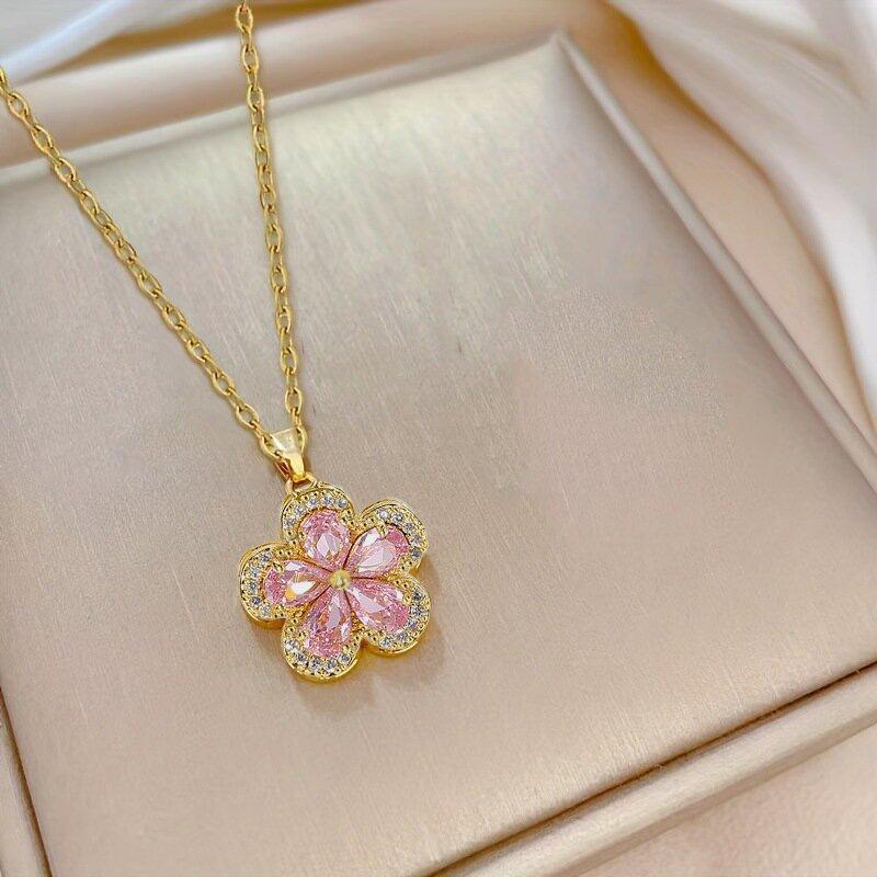 1 Pcs Women Fashion Accessories Inlaid Pink Glass Copper Pendant Necklace Hundreds of Light Luxury Style Jewelry