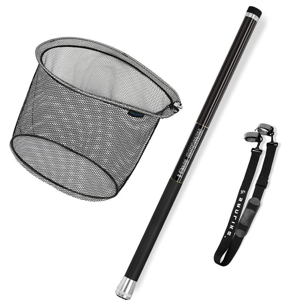 KOMCLUB Landing Net, Ash Net, Made of Carbon, Total Length 6.6M, Telescoping Landing Pole, Rock Ball Set, 9 Pieces, Rubber Coating Net, Sea Fishing