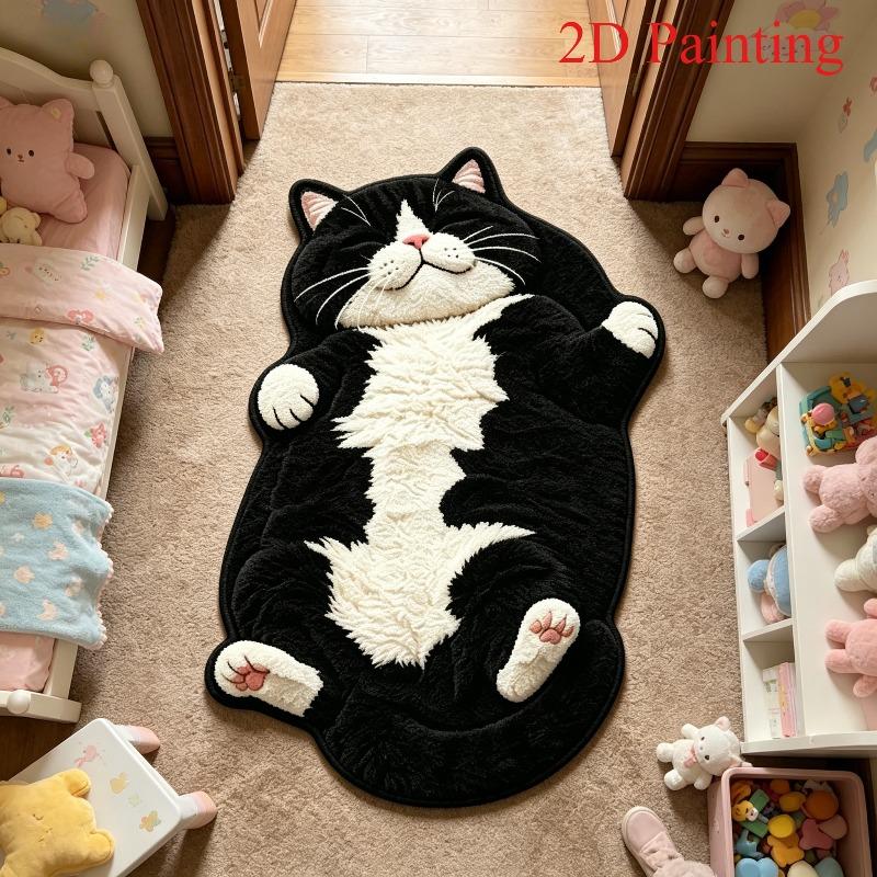 Cute Lying‑down Black White Cat Shaped Rug Soft Plush Irregular Animal Mat Non‑slip Creative Cartoon Indoor Floor Carpet