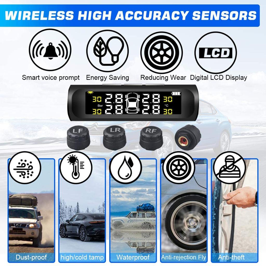 Intelligent Tire Pressure Monitoring System Solar Wireless TPMS with 4 Sensor IP67 Waterproof Auto Safety Monitor