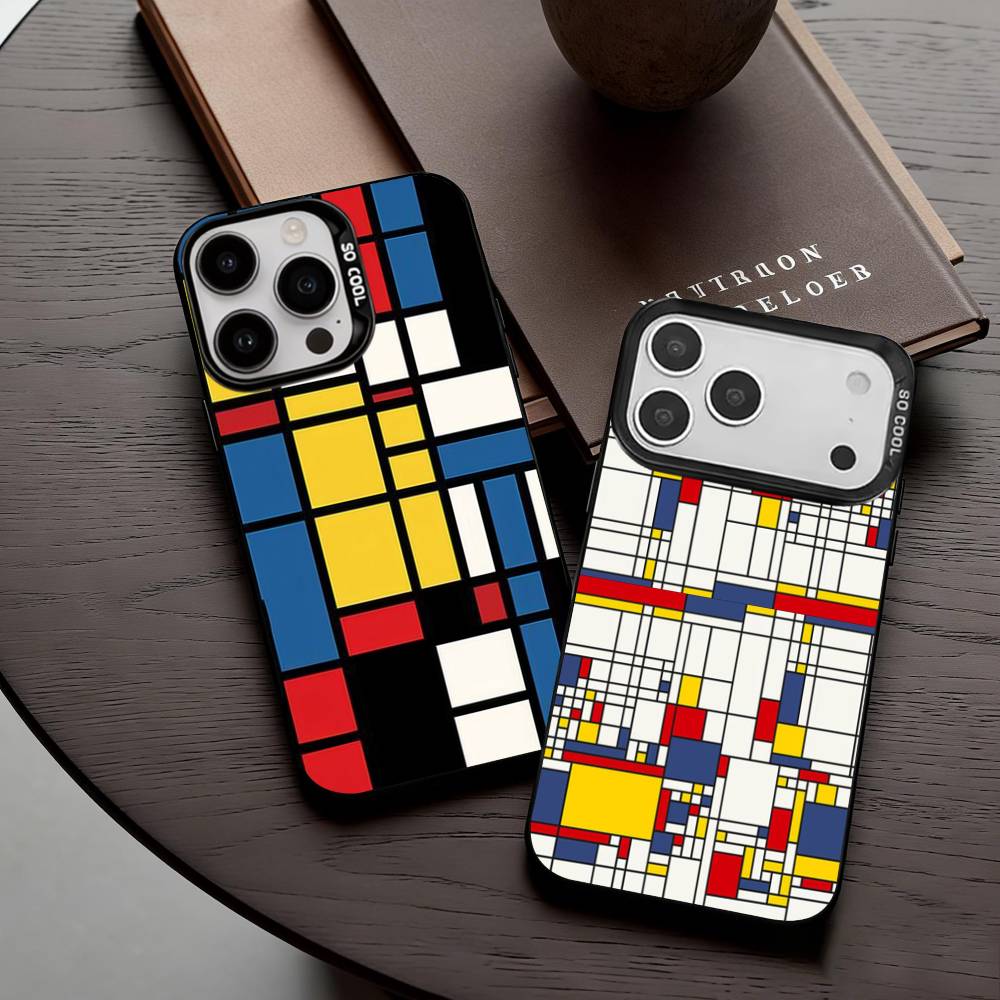 Сетка T-TOPLBPCS M-Mondrian Чехол для телефона для iPhone17,16,15,14,13,12,11 Plus,Pro Max Черный Конфетный серебристый чехол для телефона