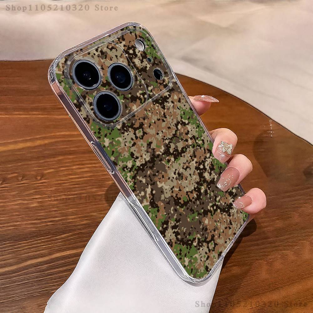 Камуфляжная чехол-бампер для телефона с военным рисунком iPhone17 16 15 14 13 12 11 Pro Max Plus Mini Прозрачный Полностью закрывающий заднюю крышку Силиконовый Мягкий чехол