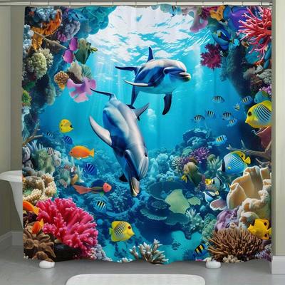 Шторка для душа "Дельфин и коралловый риф" Морское подводное искусство Декор для ванной Комнатные растения Морская жизнь Рыбы Шторки для ванны Современный интерьер дома