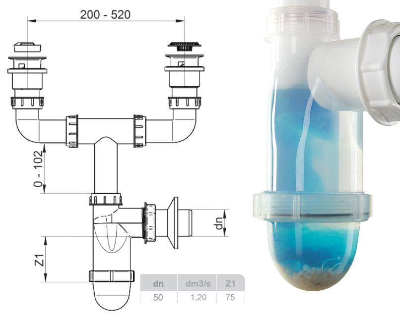 Double Sink Siphon Transparent + Dishwasher Connection