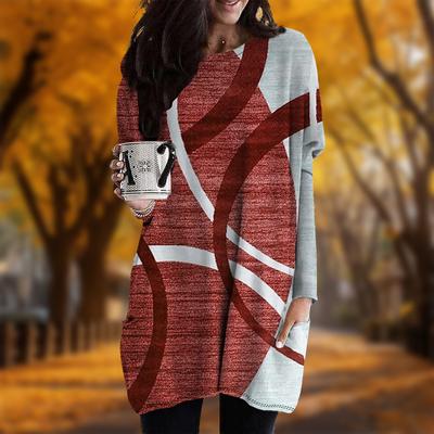 Новинка осени с принтом витых линий и большими размерами платье для женщин с круглым вырезом и длинными рукавами повседневные платья с карманами