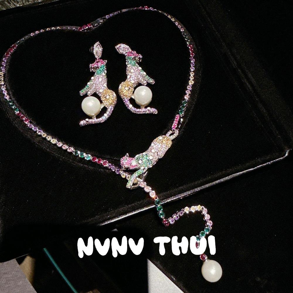 Jewelry, Dopamine Colorful Cheetah Gemstone Y-Shaped Necklace, Banquet Haute Couture Court Leopard Bead Earrings Set