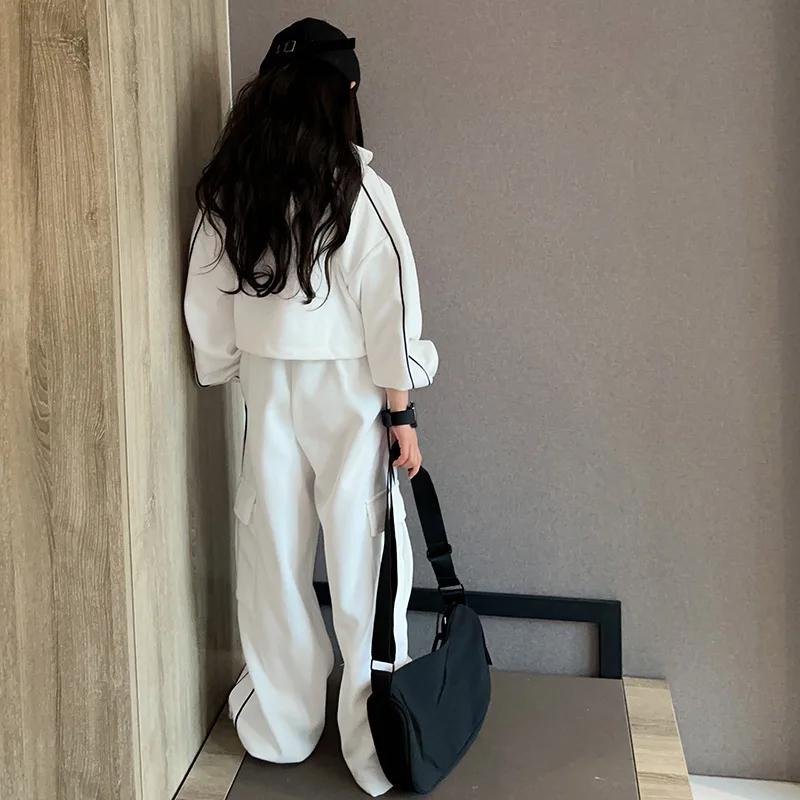 Детский костюм весна-осень, свободный крой, укороченная куртка в корейском стиле, комплект из 2 предметов для девочек