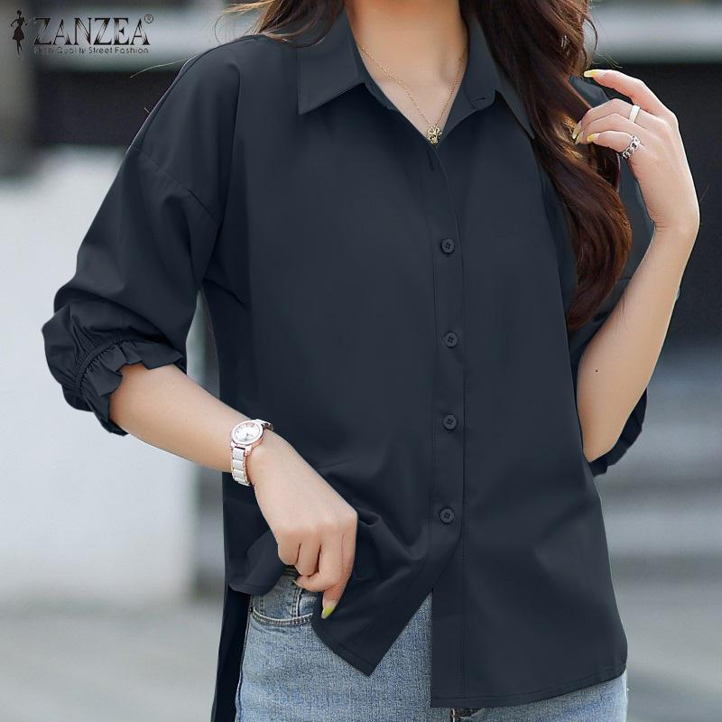 ZANZEA Women Casual Turn Down Collar Loose 3/4 Sleeve Hight Low Blouse