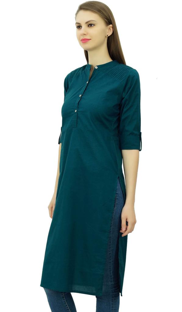 Phagun Cotton Plain Kurti Tunic Mandarin Collar Ethnic Casual Kurta Blouse