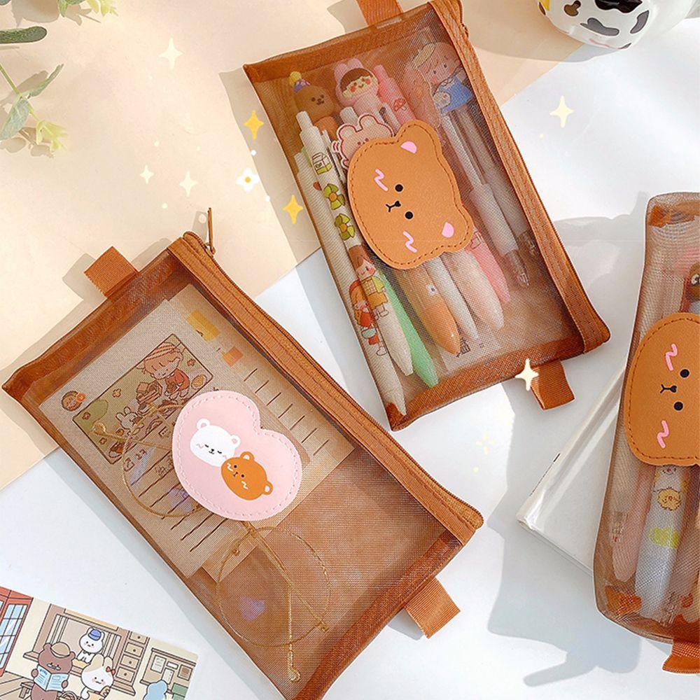 Pen Bag Stationery School Supplies Mesh Pencil Case Storage Bags Bear Pencil Bags Kawaii Pencil Bag