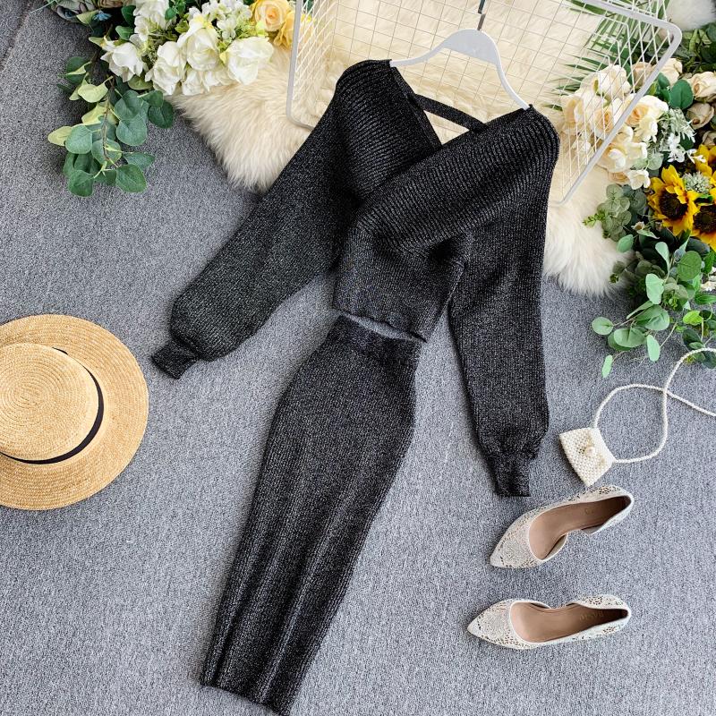 Весенний новый модный костюм в иностранном стиле с v-образным вырезом и рукавами «летучая мышь», вязаный свитер, женская юбка с высокой талией и запахом, комплект из двух предметов