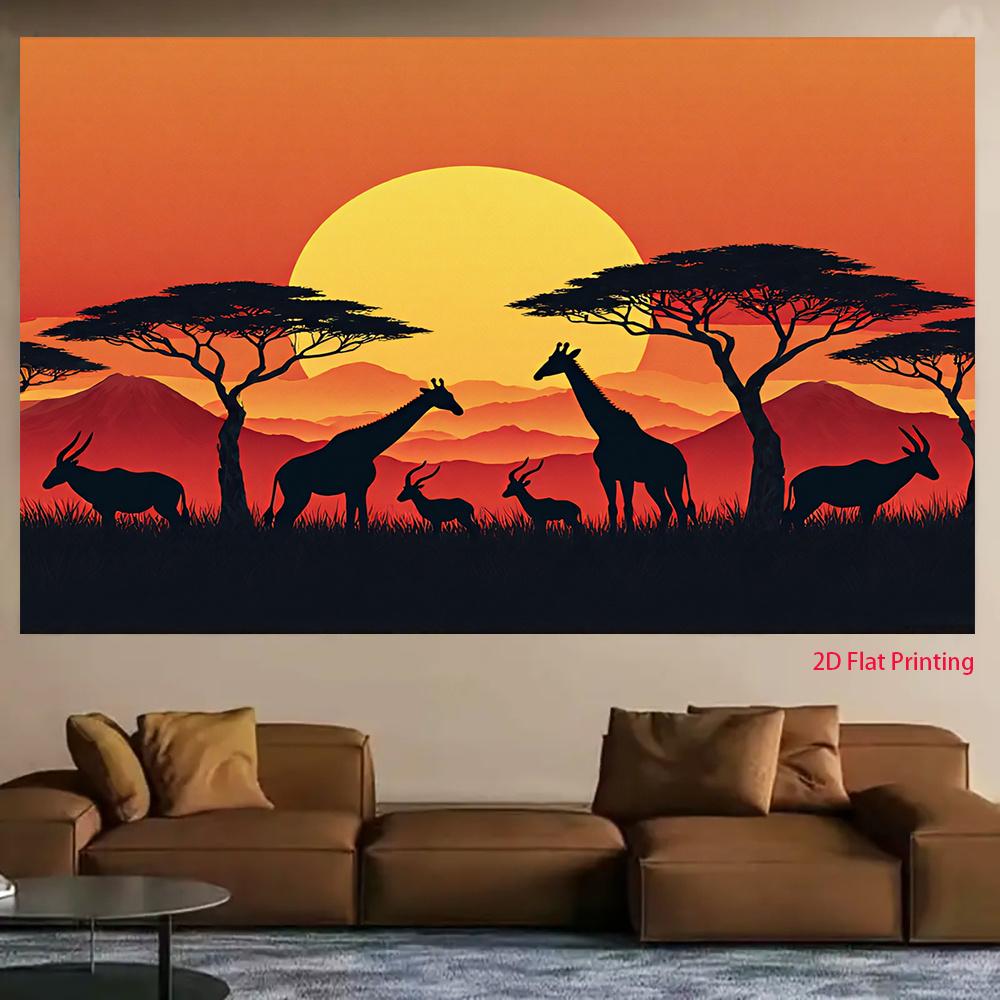 A 2D flat item 1 piece. Its feature is the silhouette of African grassland animals at sunset.