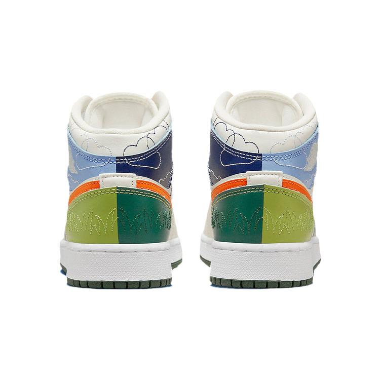 Air Jordan 1 Mid SE Grade School 'Stitch' (Unisex) Sail / Psychic Blue / Vivid Green / Safety Orange Kids' Basketball Shoes DX2462 100