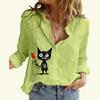 Женская мода хлопок льняная рубашка с принтом кота топ с длинным рукавом женская повседневная блузка на пуговицах