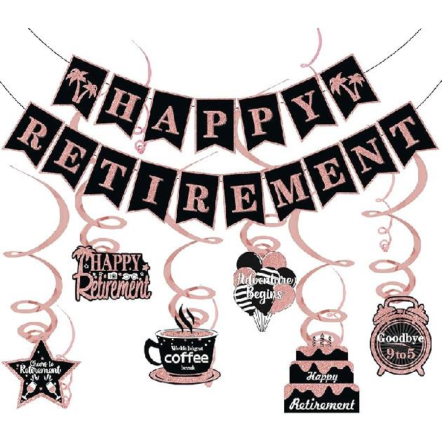 Happy Retirement Party Decorations - Retirement Banner Hanging Swirls Kit for Men Women (Blue)