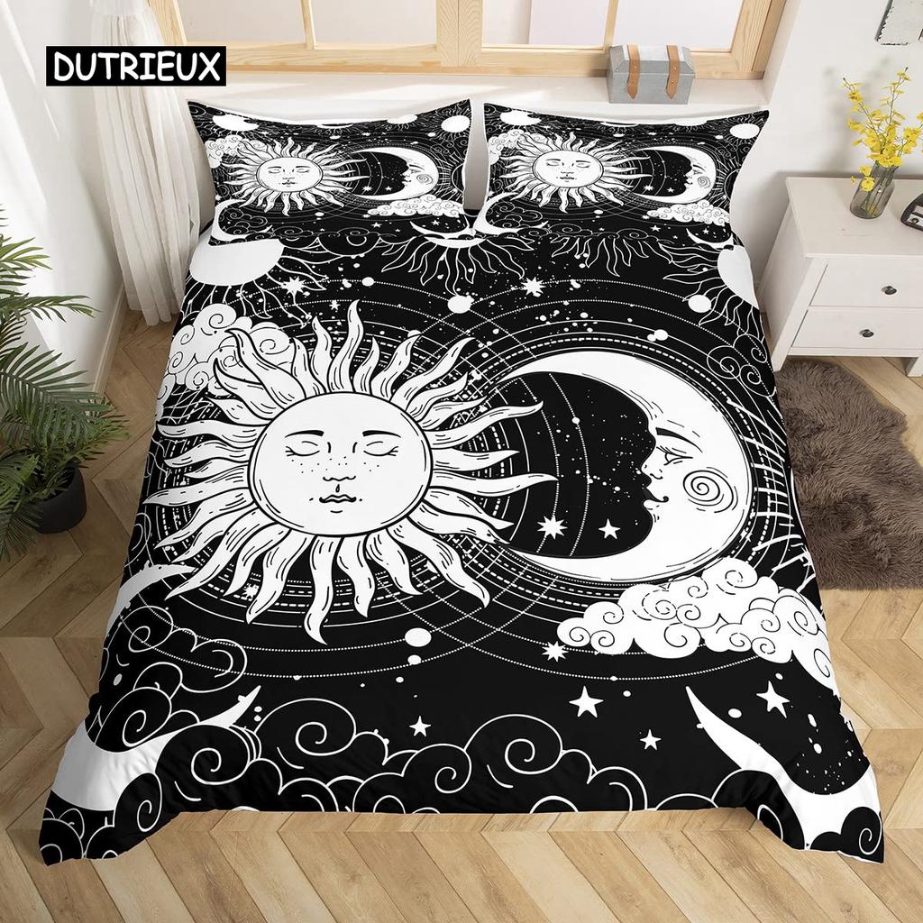 Комплект постельного белья Mandala с завязками на постельном белье Sun and Moon в экзотическом стиле, черно-белый, с ботаническим и цветочным узором, из полиэстера
