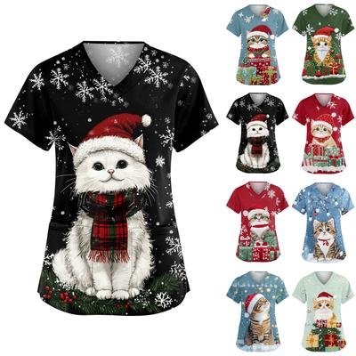 Женский модный рабочий топ с V-образным вырезом, рождественским принтом, короткими рукавами, карманом, боковым разрезом, базовый пуловер