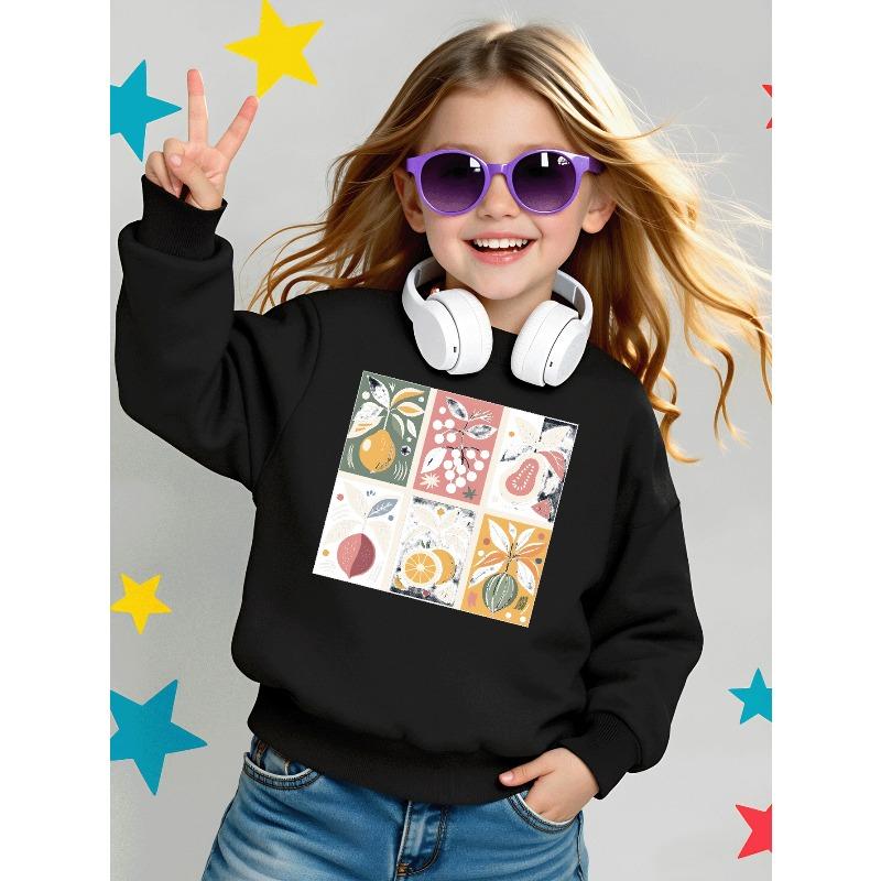 Girls' Long-Sleeve Casual Crewneck Sweatshirt | Fruit Plant Pattern Art Design, Colorful Style