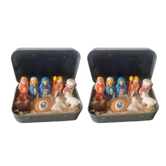1/2/3Pcs Mini Nativity Scene Set In Tin Box Handcrafted Pocket Size Nativity Scene Tin Resin Birth of Jesus Ornament Christmas Decoration