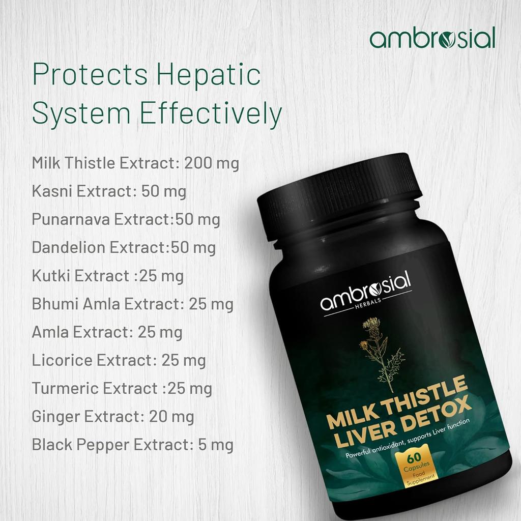 AMBROSIAL Молочный чертополох Добавка для детоксикации печени Капсулы с расторопшей для печени с корнем одуванчика (Упаковка 1-60 капсул)