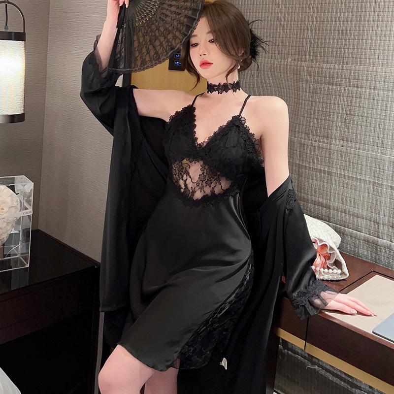 Кружевные сексуальные женские пижамы из ледяного шелка, летние тонкие модели с чашечками, пижамы на бретельках, комплекты из двух предметов новой домашней одежды