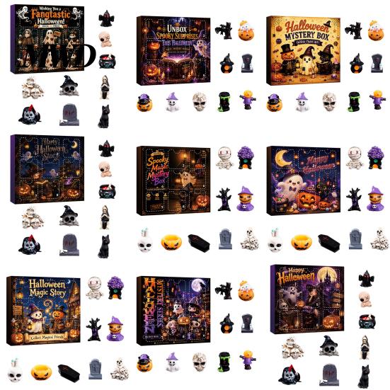 Holiday Gift Box Halloween Advent Calendar with 9 Mini Resin Figures, Day Spooky Countdown Desktop Decorations to Calendar, Surprise Collectible