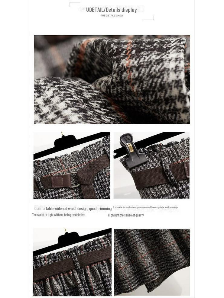 Женская ретро-юбка из шерстяной ткани с высокой талией в клетку: Slim Fit для осени/зимы 2024 г.