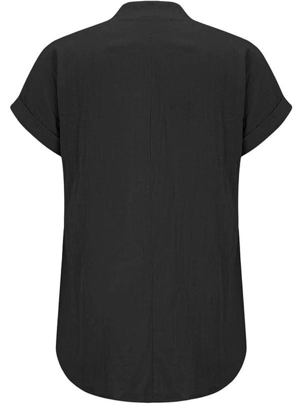 Европейская женская хлопково-льняная рубашка с коротким рукавом, отложным воротником и пуговицами