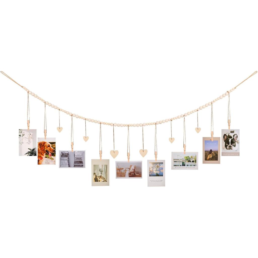 KLOGTSIND Hanging Photo Display with Clips, 9 Wood Clips, Boho Picture Frames Collage Wall Decor, Photo Hanger for Office Cubicle Decor, Kids Art