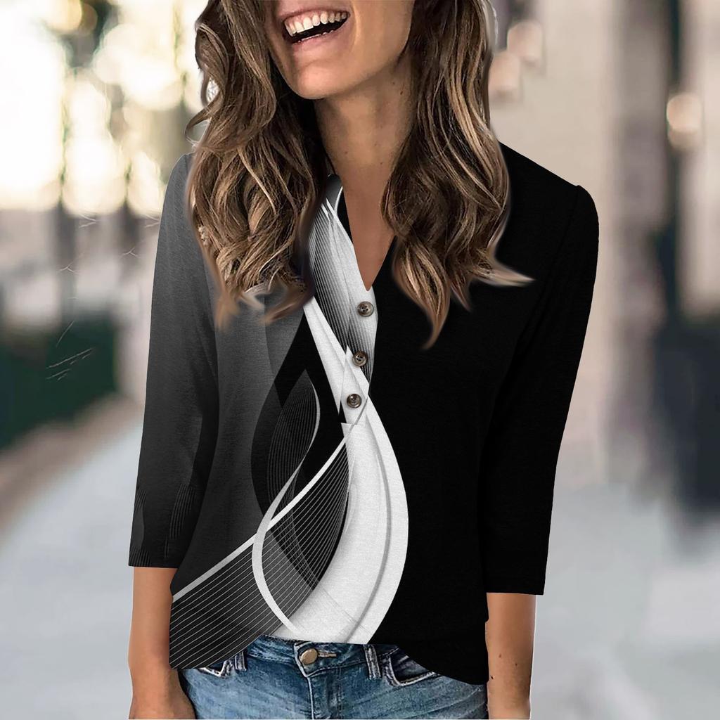 Women's Fashion Casual Loose 3/4 Sleeve Printed Round Neck Top