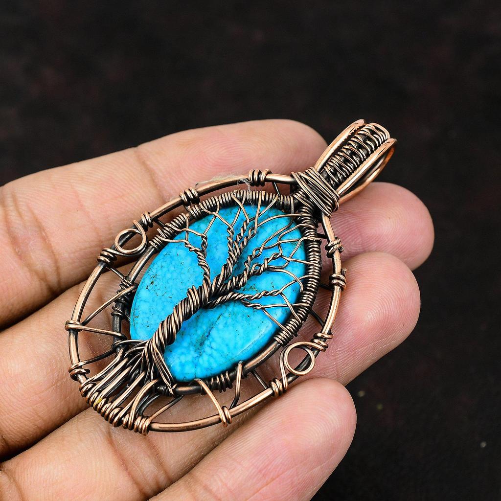 Кулон Древо Жизни с Аризонской бирюзой, обмотанный медной проволокой, ювелирное изделие с драгоценным камнем, кулон ручной работы, подарок для любви, украшение с Аризонской бирюзой
