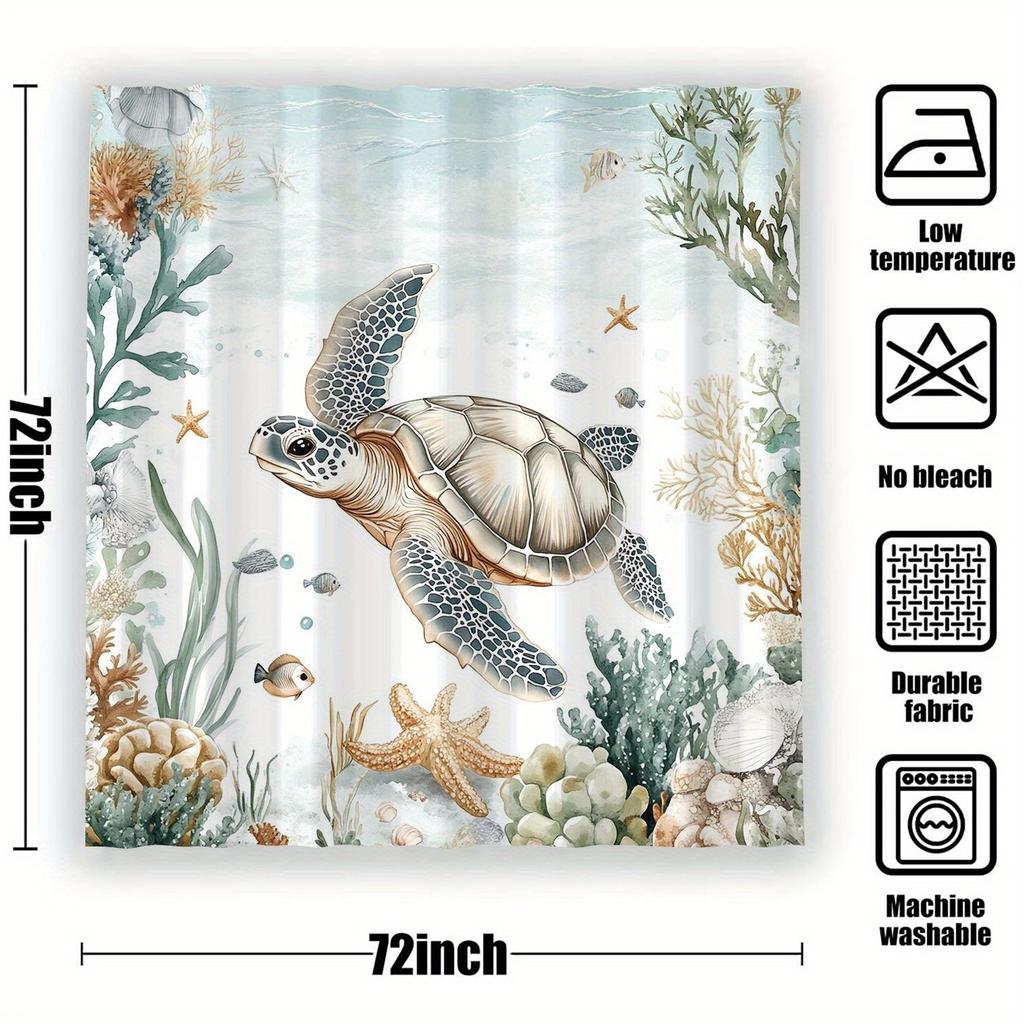 Sea Turtle Pattern Shower Curtain With 12 Hooks For Room, Home, Hotel, Laundry Washable Bathroom One Piece