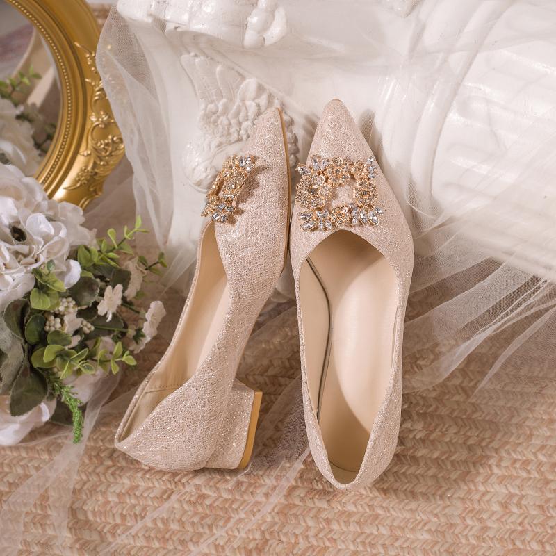 Fashion Crystal Square Button Block Heel Single Shoes Women's Pointed Toe Shallow Mouth Slip Non-Slip Low Heel Shoes