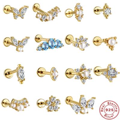 Серьги-пусеты из стерлингового серебра 925 пробы, 16G, с плоской головкой, внутренней резьбой для пирсинга хряща, серьги-пусеты для козелка, серьги с бабочками и жемчугом