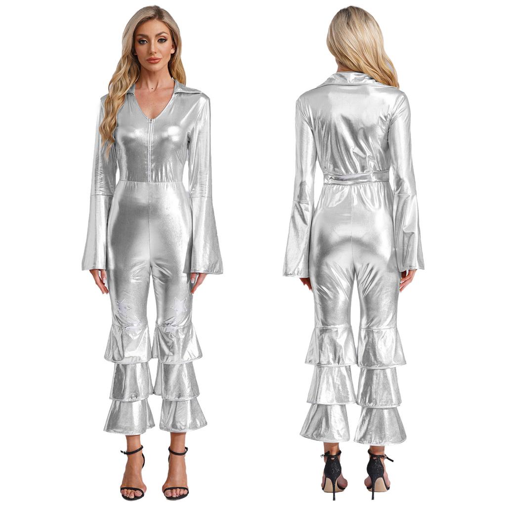 Women Flared Jumpsuit Bar Nightclub Disco Costume Sparkle Retro Cosplay Prom Party Costume 70s 80s Disco Outfit One Piece