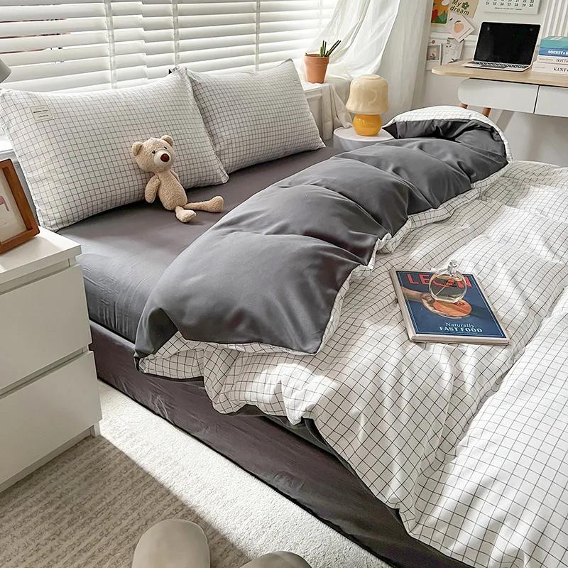 Набор из четырех предметов в клетку в японском стиле для осени и зимы, набор из трех предметов для студенческого общежития, комплект одеял из стиранного хлопка, постельные принадлежности