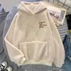 Women Fleece Hoodie Warm Winter Loose Pullover Long Sleeves Thick Letter Embroidery Top Elastic Cuff Drawstring Patch Pocket Fall Fashion