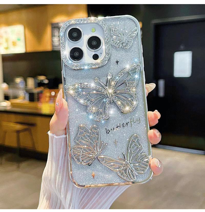 Women Girl'sTransparent Plating Soft Silicone Cover Diamond Butterfly Phone Case for iPhone 16 15 14 13 12 Pro Max