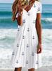 Women Short Sleeve V‑Neck A‑Line Midi Dress Anchor Print Casual Loose Summer Plus Size Beach Dress