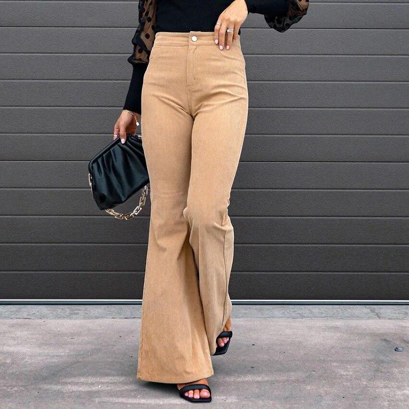 Зимние повседневные однотонные расклешенные брюки женские элегантные коричневые вельветовые брюки офисные женские брюки с эластичной резинкой на талии 24341