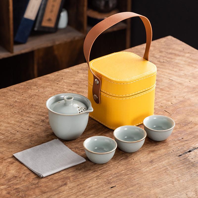 Celadon Ge Kiln Opening Film Can Raise Outdoor Portable Travel Tea Set, One Pot of Three Cups of Kuaike Tea Cup Gifts