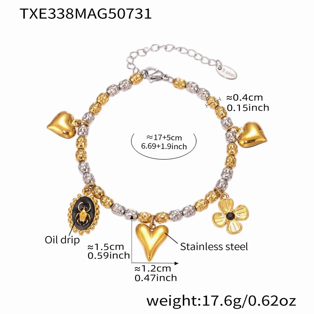 Heart And Flower Charms Necklace Bracelet In Stainless Steel 18k Gold Plated Beaded Necklaces Bracelets Jewelry Set For Women
