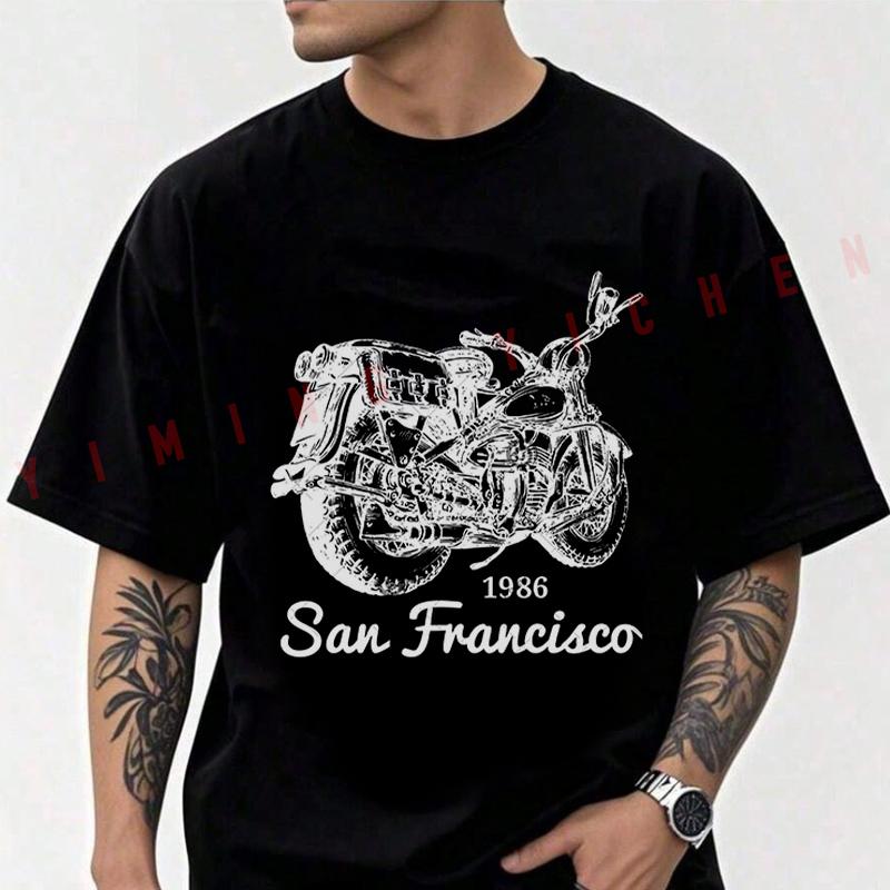 Drawn Motorcycle San Francisco Design Cotton T-shirt Men Short Sleeved Casual Round Neck Unisex Tops Tee